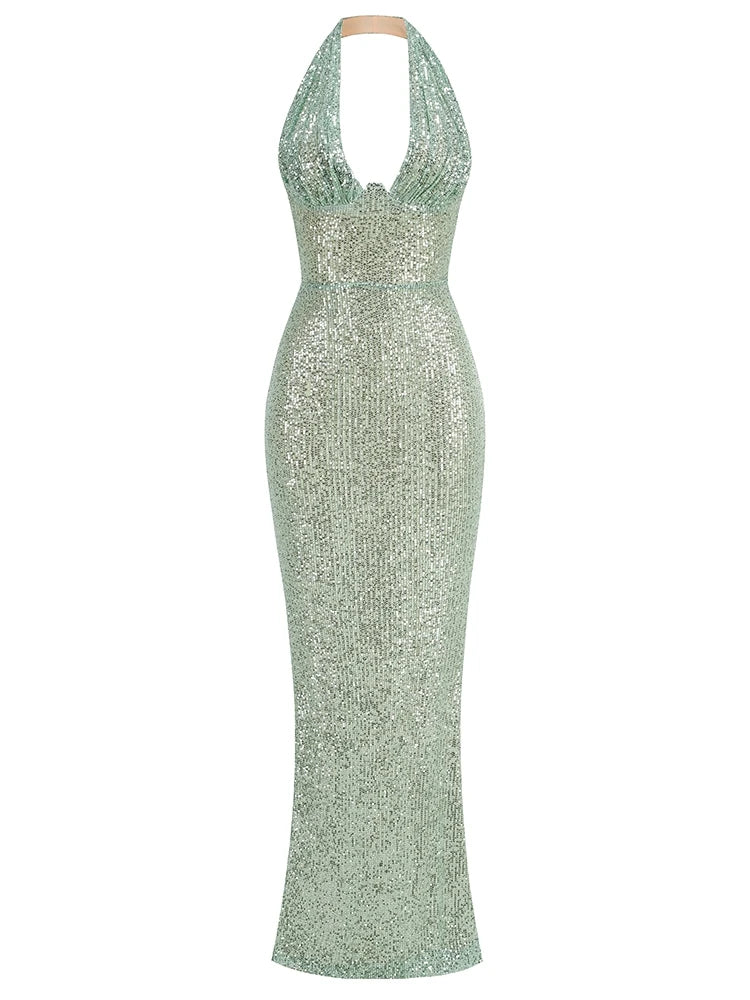 A&A Luxe Halter Deep V Neck Sequins Maxi Dress Trendy Floral Print Maxi Dress
