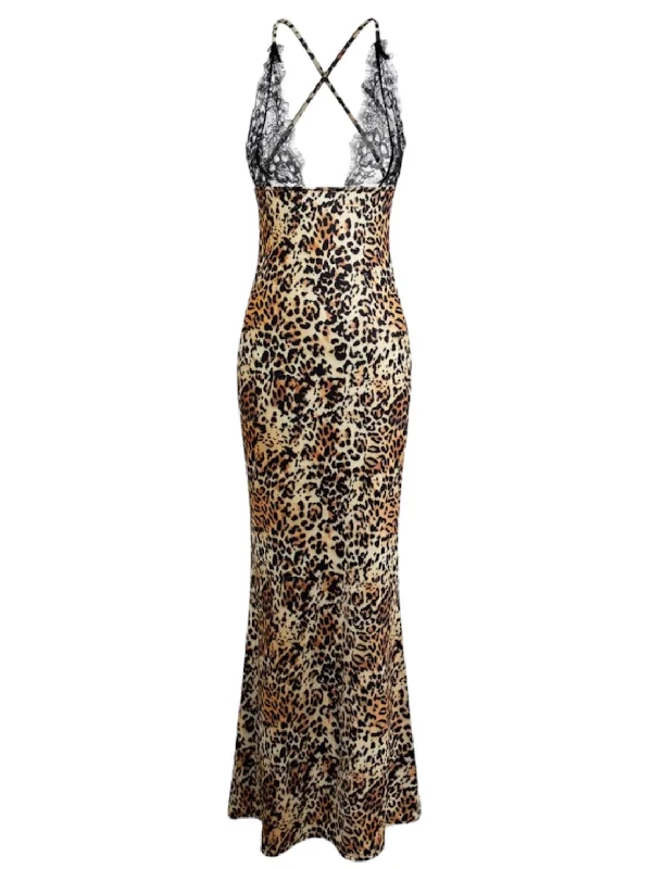 A&A Lace And Leopard Print Maxi Dress Stylish Off-Shoulder Maxi Dress