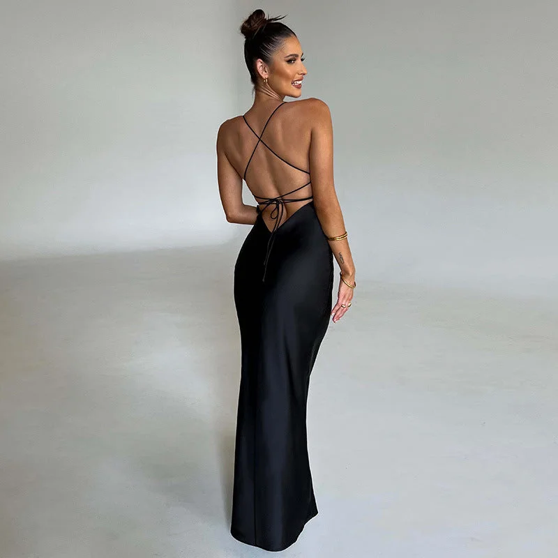 BerriesJam - Sexy Lace Up Backless Bandage Party Maxi Dress Stylish Boho Maxi Dress
