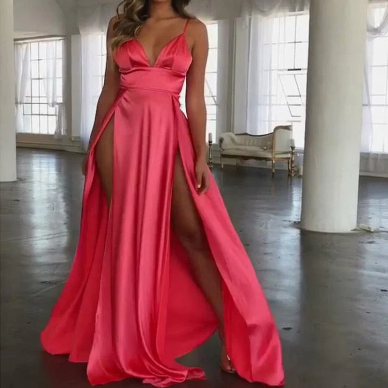 BerriesJam - 2024 Sexy Spaghetti Strap V-neck Satin Maxi Dress Stylish Maxi Dress with Pleats BerriesJam - 2024 Sexy Spaghetti Strap V-neck Satin Maxi Dress Stylish Maxi Dress with Pleats