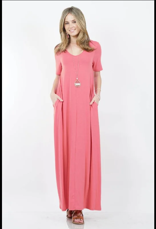Dessert rose short sleeve maxi dress with pockets Elegant Wraparound Maxi Dress