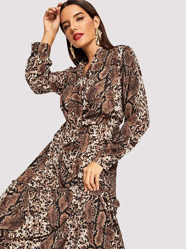 Snakeskin Print Tie Neck Maxi Dress Fashionable Chiffon Maxi Dress