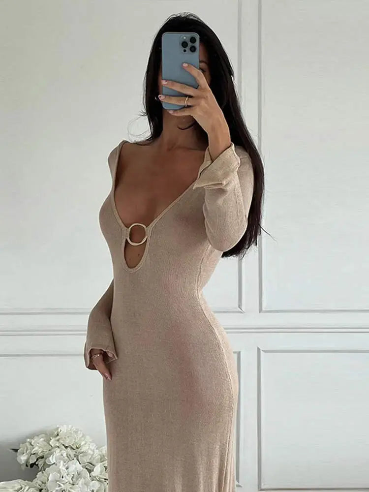 A&A Deep V Neck Long Sleeve Backless Knitted Maxi Dress Trendy Satin Maxi Dress