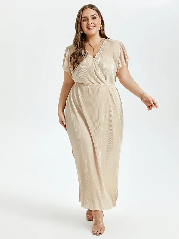 Solid V-Neck Flutter Sleeve Slit Maxi Dress Elegant Maxi Dress with Drapes