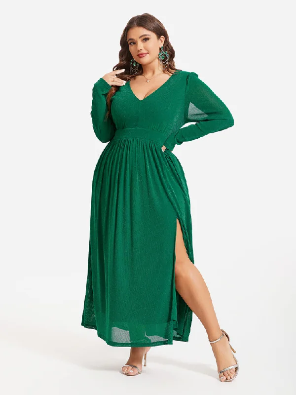Elastic Waist Split Ruched Glitter Maxi Dress Fashionable Button-Down Maxi Dress