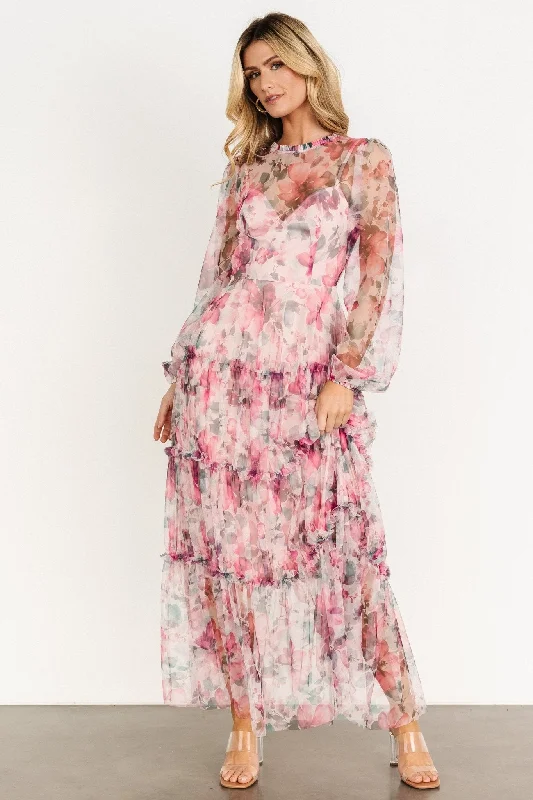 Stephanie Tiered Maxi Dress | Mauve Floral Trendy Button Front Maxi Dress