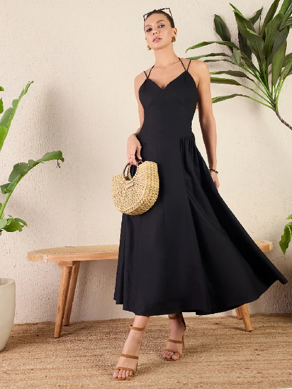 Strappy Cotton Poplin Corset Maxi Dress Stylish Maxi Dress with Frills