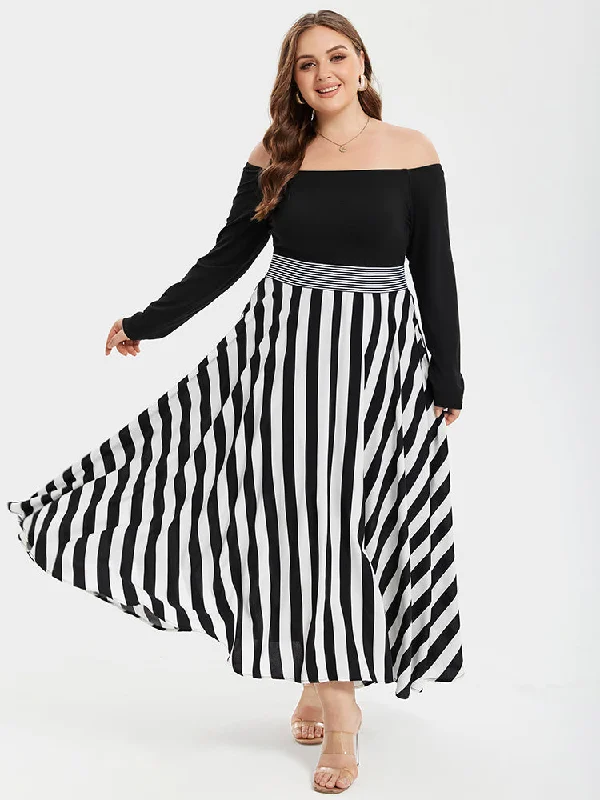 Striped Print Off Shoulder Elastic Waist High Low Maxi Dress Comfortable T-Shirt Maxi Dress Striped Print Off Shoulder Elastic Waist High Low Maxi Dress Comfortable T-Shirt Maxi Dress