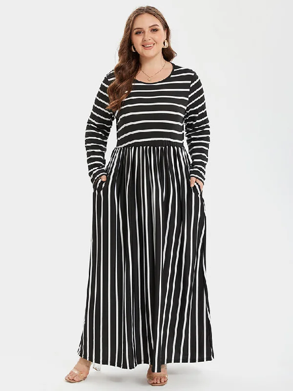 Striped Print Round Neck Pocket Maxi Dress Elegant Pleated Maxi Dress