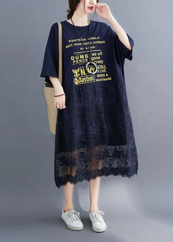 Style Navy Loose Patchwork Lace Summer Half Sleeve Maxi Dresses Elegant Maxi Dress with Belt Style Navy Loose Patchwork Lace Summer Half Sleeve Maxi Dresses Elegant Maxi Dress with Belt