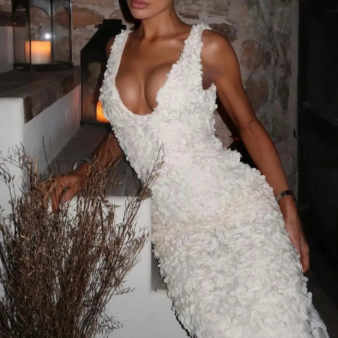 A&A Luxe Fitted 3D Intricate Mesh Floral Maxi Dress Elegant Tiered Maxi Dress