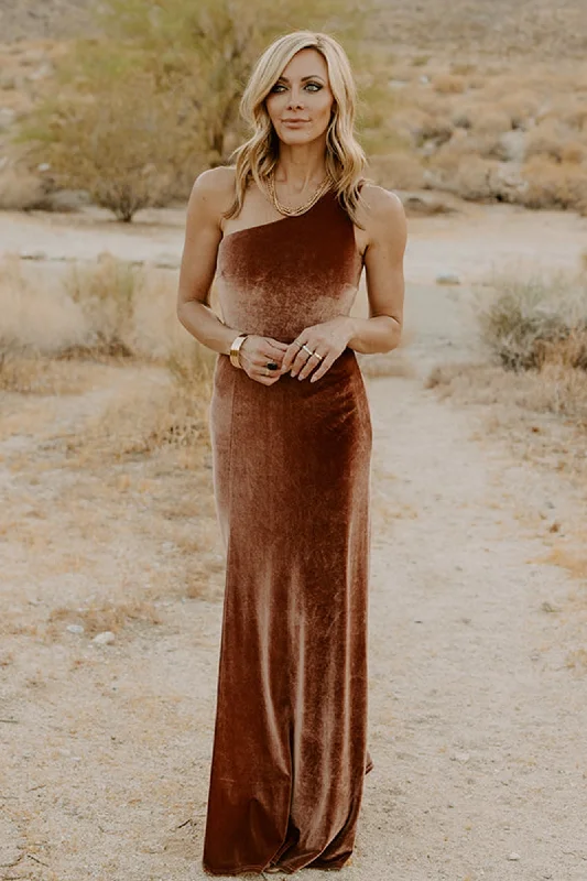 Tatiana Velvet One Shoulder Maxi Dress | Bronze Trendy Floral Print Maxi Dress