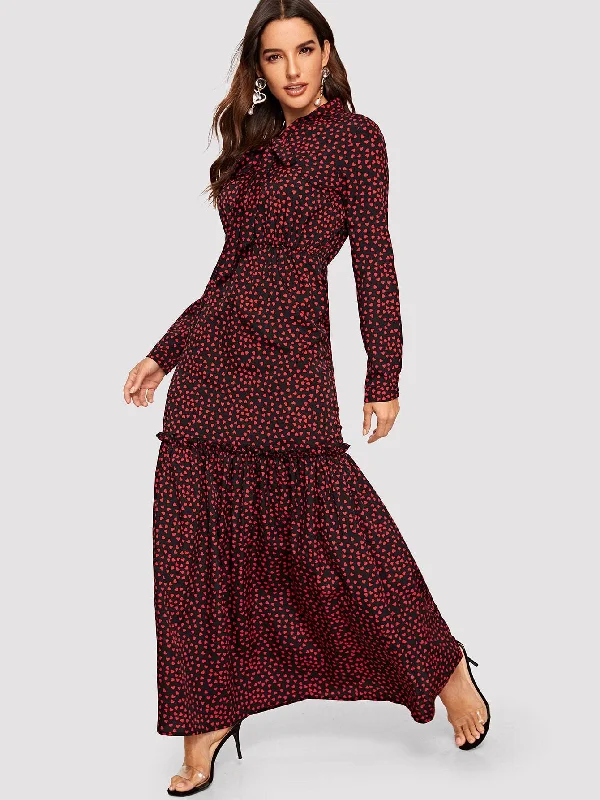Tie Neck Love Print Frill Trim Maxi Dress Cozy Cold-Shoulder Maxi Dress