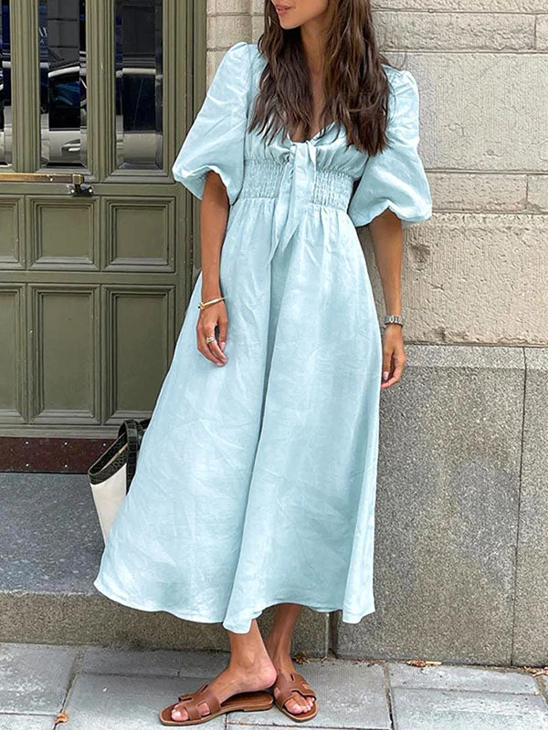 Tie Up Waisted Puff Sleeve Maxi Dress Cozy Maxi Dress with Slit