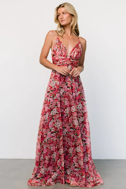 Tora Cross Back Maxi Dress | Black + Red Floral Elegant Maxi Dress with Belt
