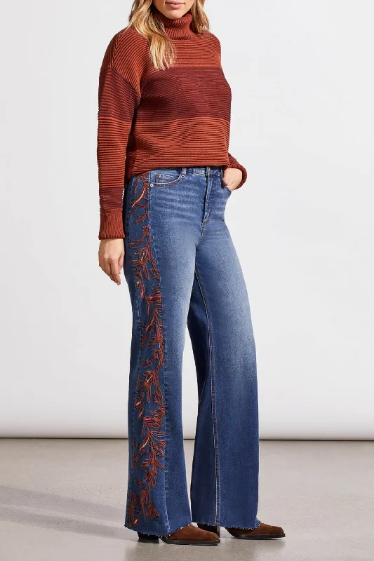 Tribal Brooke Wide Leg Jean w/ Side Embroidery 5481O-4960-2652 Bluewash Comfortable Faded High-Rise Jeans