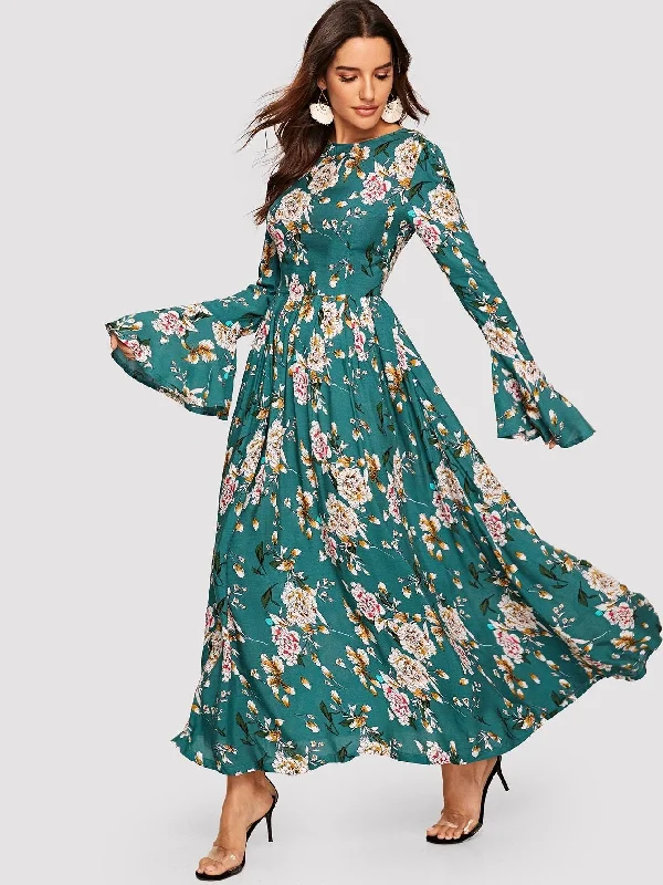 Trumpet Sleeve Floral Maxi Dress Stylish Long Sleeve Maxi Dress