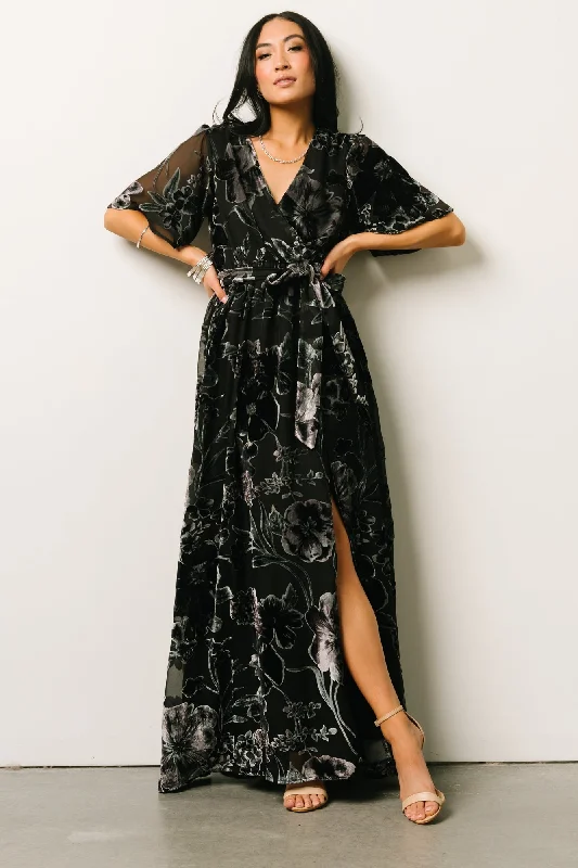 Uma Velvet Maxi Dress | Black + Silver Floral Comfortable Pleated Maxi Dress