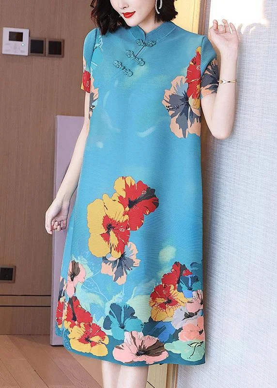 Unique Blue Print Floral Mandarin Collar Maxi Dresses Summer Comfortable Maxi Dress with Sleeves Unique Blue Print Floral Mandarin Collar Maxi Dresses Summer Comfortable Maxi Dress with Sleeves