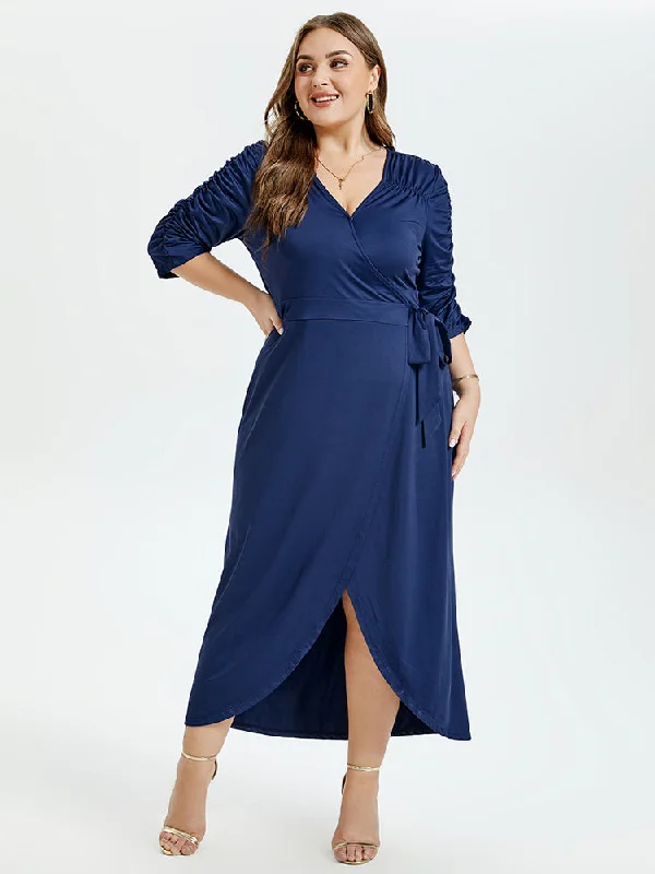 V-Neck Ruffle Tulip Hem Belted Party Maxi Dress Fashionable Layered Maxi Dress