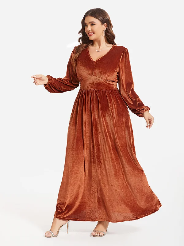 Lantern Sleeve Ruched Velvet Maxi Dress Fashionable Sheer Maxi Dress