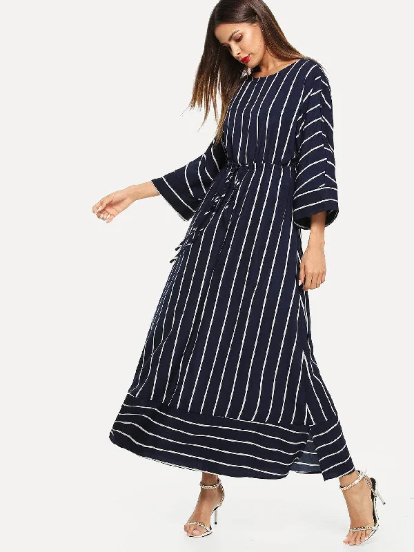 Vertical Striped Drawstring Waist Maxi Dress Fashionable Chiffon Maxi Dress