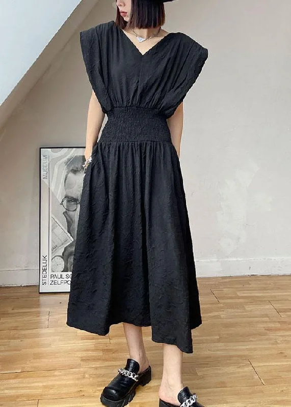 Vintage Black Cinched V Neck Sleeveless Summer Maxi Dresses Comfortable Cotton Maxi Dress Vintage Black Cinched V Neck Sleeveless Summer Maxi Dresses Comfortable Cotton Maxi Dress