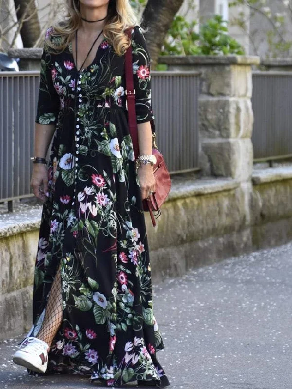 Waist Button Through Floral Maxi Dress Comfortable Bohemian Maxi Dress