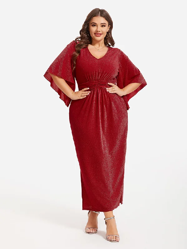 Flare Sleeve Ruched Waist Glitter Maxi Dress Chic Sleeveless Maxi Dress