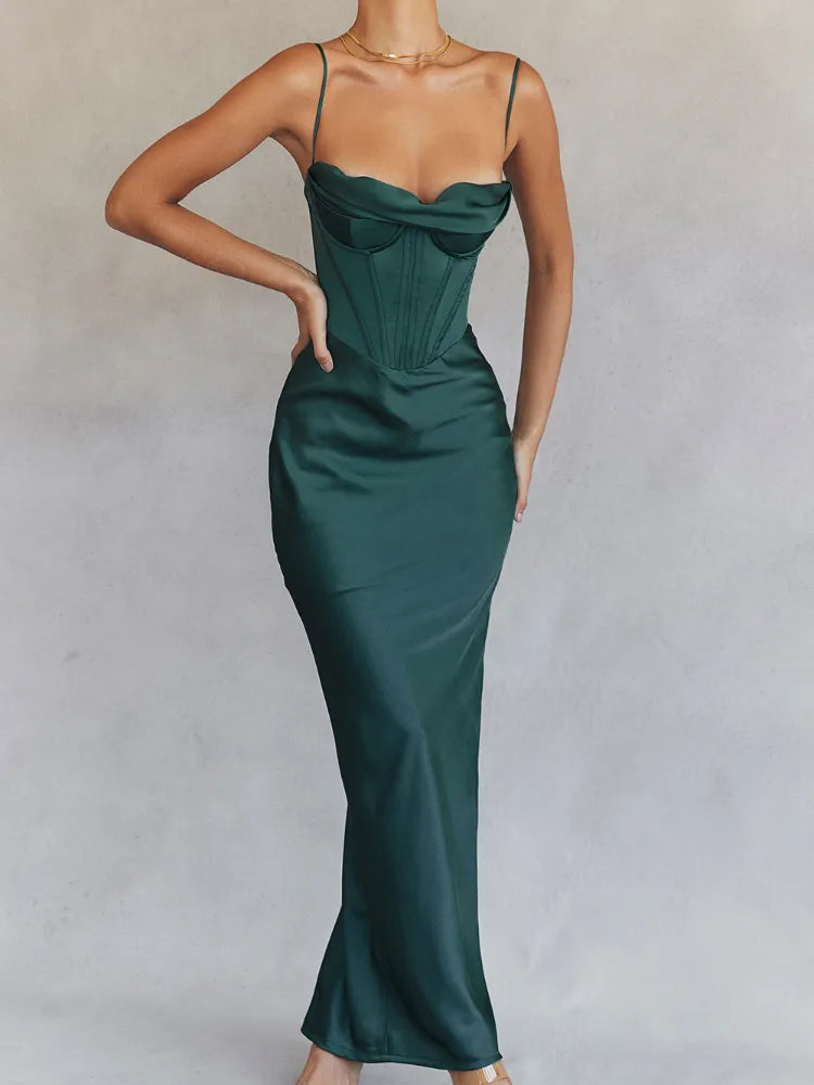 A&A Spaghetti Strap Satin Corset Maxi Dress Stylish Boho Maxi Dress