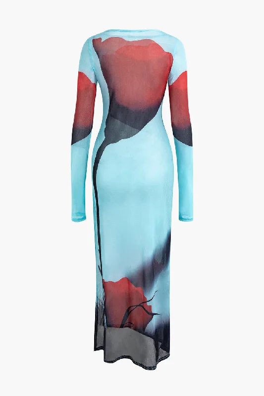 A&A Rose Print Mesh Maxi Dress Elegant Tiered Maxi Dress
