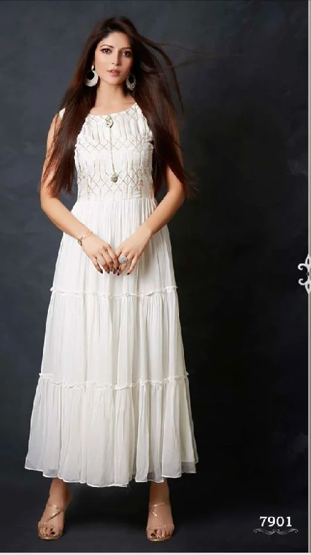 White Chikankari Long Maxi Dress Fashionable Layered Maxi Dress