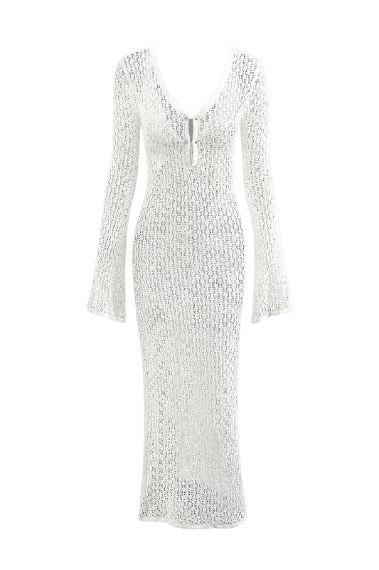 A&A V neck Flare Long sleeved Knitted Maxi Dress Classic V-Neck Maxi Dress