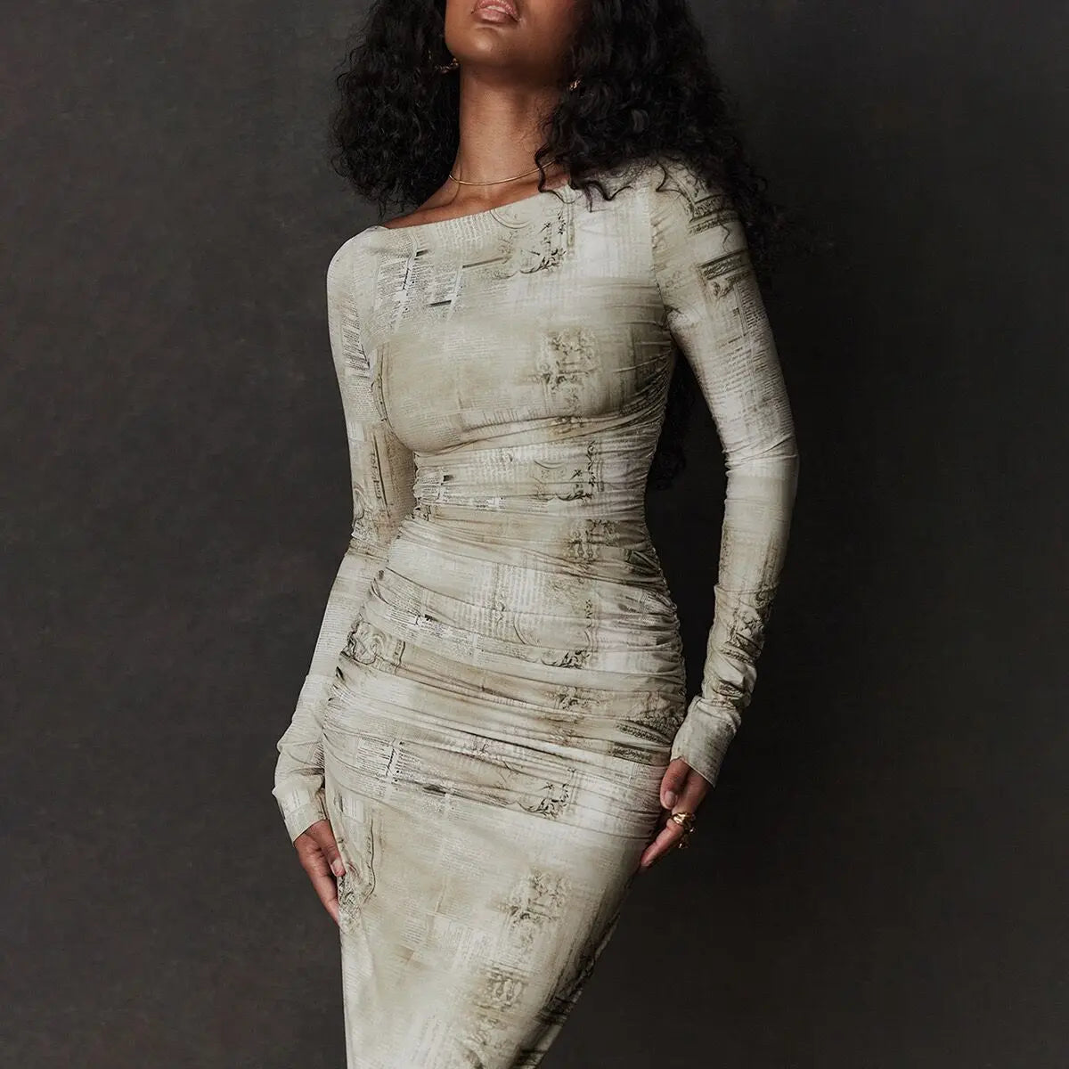 A&A Elegant Long Sleeve Print Slit Bodycon Maxi Dress Stylish V-Neck Maxi Dress