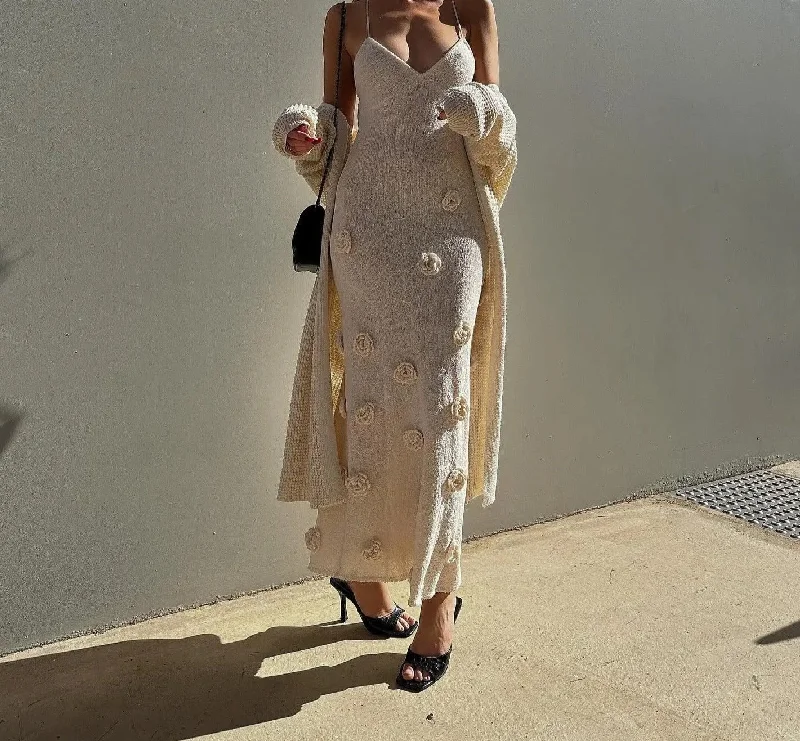 A&A 3D Flower V-Neck Maxi Dress Cozy Knit Maxi Dress