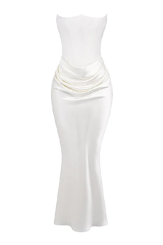A&A Luxe Satin White Draped Maxi Dress Comfortable Plunging Neckline Maxi Dress