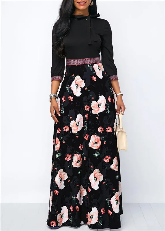 Women Long Maxi Dresses Bohemia Hollow neck Three Quarter Sleeve Floral Print Ethnic Summer Beach Female Stylish Style Dress Comfortable Casual Maxi Dress Women Long Maxi Dresses Bohemia Hollow neck Three Quarter Sleeve Floral Print Ethnic Summer Beach Female Stylish Style Dress Comfortable Casual Maxi Dress