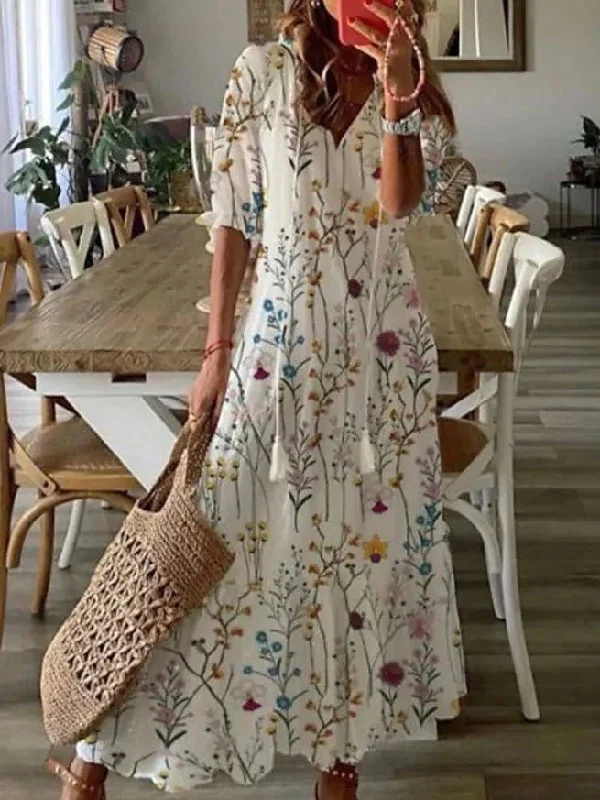 Women's Dresses V-Neck Printed Beard Mid-Sleeve Maxi Dress Trendy Maxi Dress with Belt Women's Dresses V-Neck Printed Beard Mid-Sleeve Maxi Dress Trendy Maxi Dress with Belt