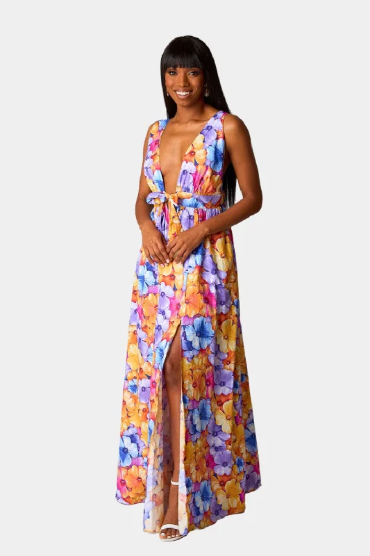 Zena Plunging Neck Maxi Dress - Pansy Comfortable Plunging Neckline Maxi Dress