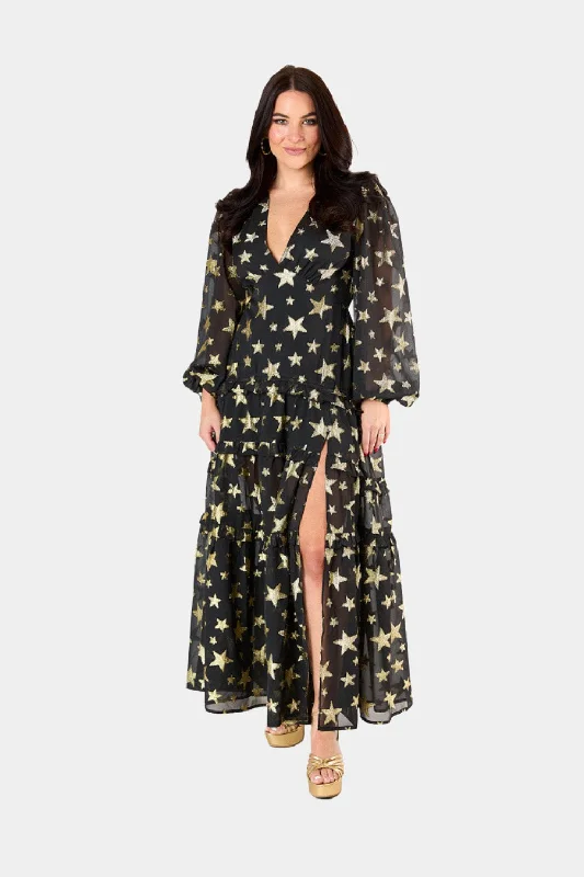Zodiak Long Sleeve Maxi Dress - Super Nova Elegant Silk Maxi Dress