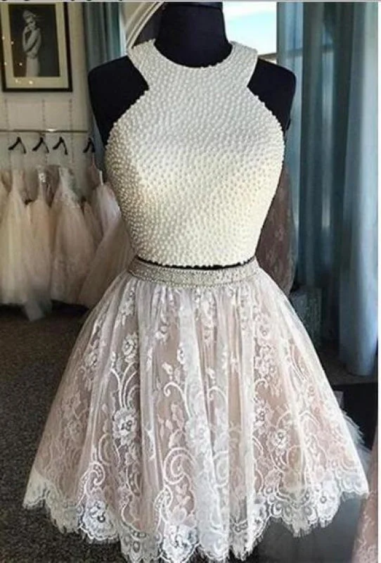 Two Piece White Lace Homecoming with Pearls Mini Dresses Short Prom Dress Stylish Plaid Mini Dress