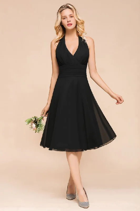Graceful Black Halter Mini Dress Chiffon Knee Length Dress Stylish Sweetheart Neck Mini Dress