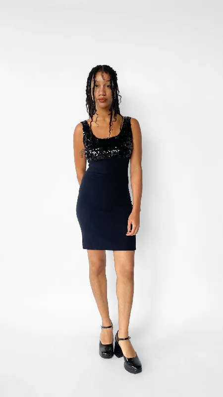 1990s Black Sequin Knit Mini Dress, sz. S/M Stylish Ruffle Mini Dress