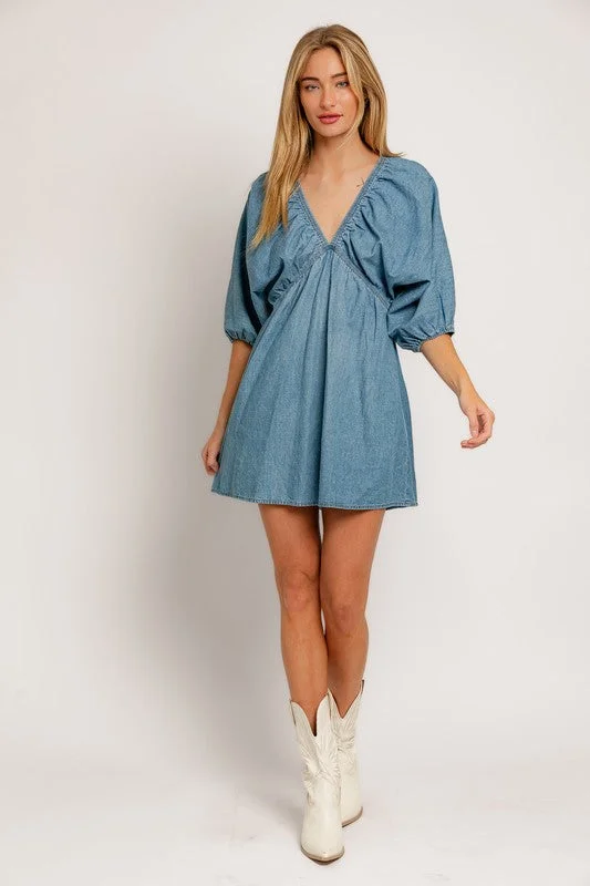 Adorable In Denim Balloon Sleeve Mini Dress Elegant Satin Mini Dress
