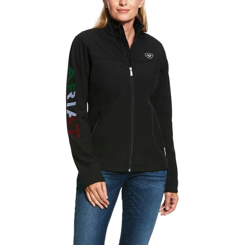 Ariat- Womens Mexico New Team Soft-shell Jacket in Black A-Line Jacket Boat Neck Shawl Collar Ariat- Womens Mexico New Team Soft-shell Jacket in Black A-Line Jacket Boat Neck Shawl Collar