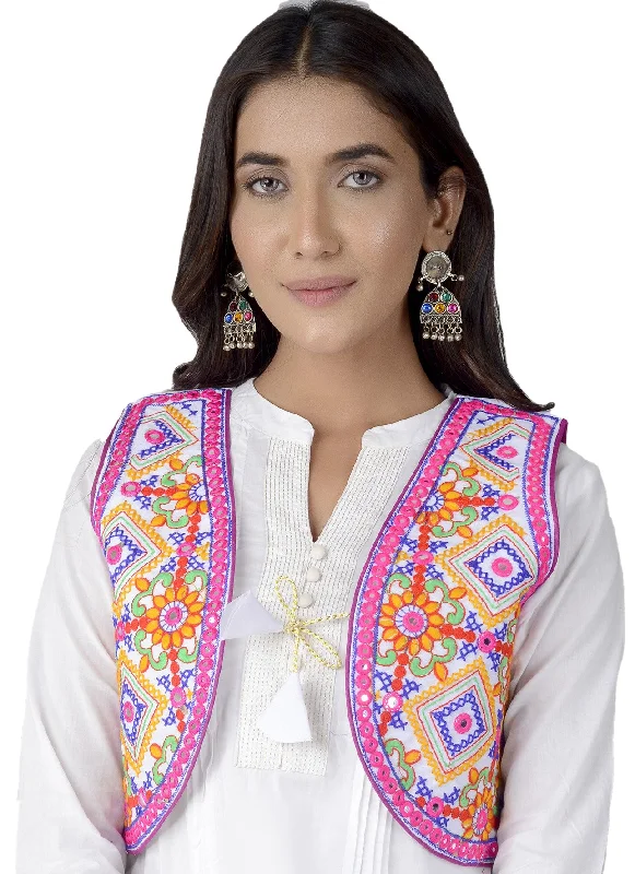 Cotton Kutchi Embroidered Short Jacket/Koti/Shrug (CJK-02) -White Zippered Jacket Buttoned Jacket Snapped Jacket