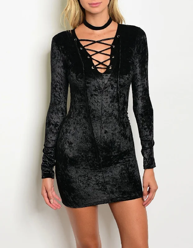 Black Velvet Mini Dress Lace Up Long Sleeve Crushed Bodycon Sexy Small Stylish Spaghetti Strap Mini Dress