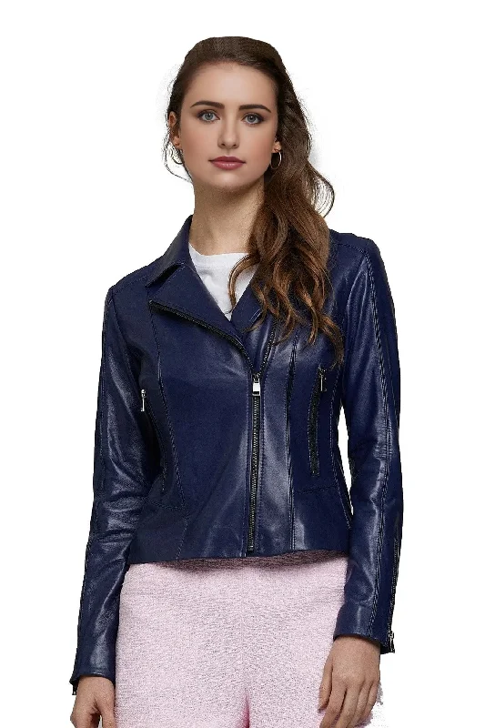 Blue Motorcycle Leather Jacket For women Fleece Fabric Down Fabric Feather Fabric