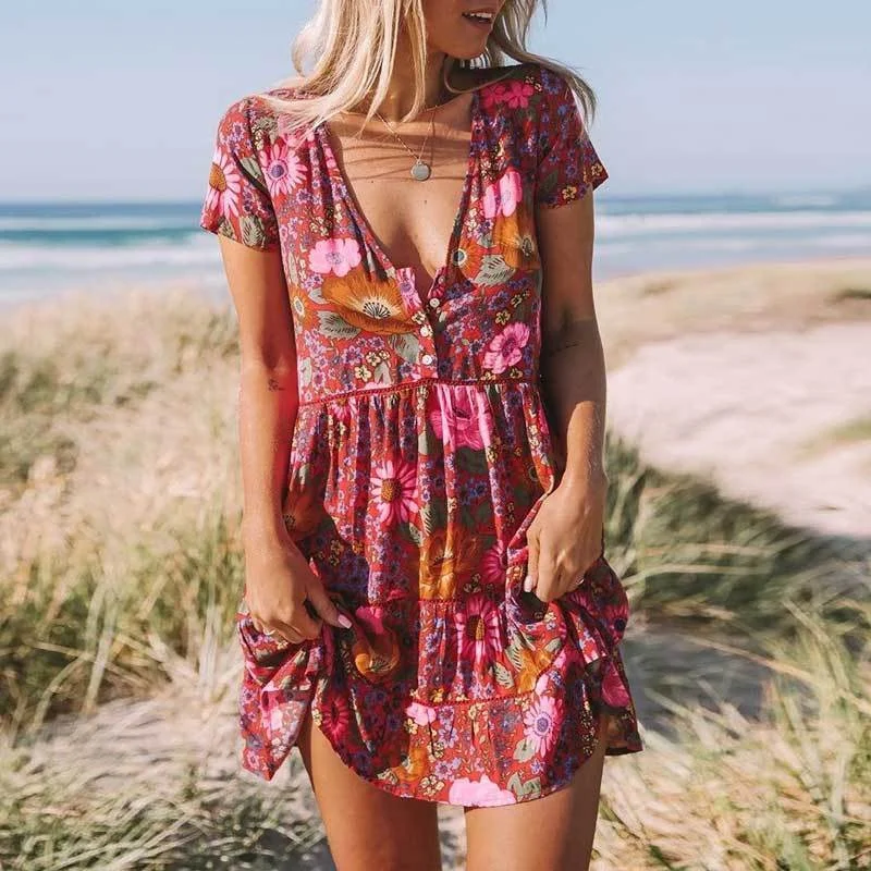 Boho Daisy Floral Print Mini Dress Cozy Jersey Mini Dress