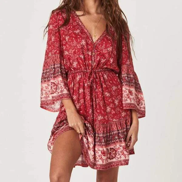 Boho Floral Print Mini Dress Trendy Button-Detail Mini Dress